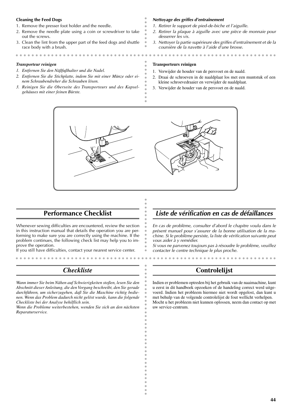 Performance checklist, Liste de vérification en cas de défaillances, Checkliste | Controlelijst | Brother VX 1400 User Manual | Page 51 / 65
