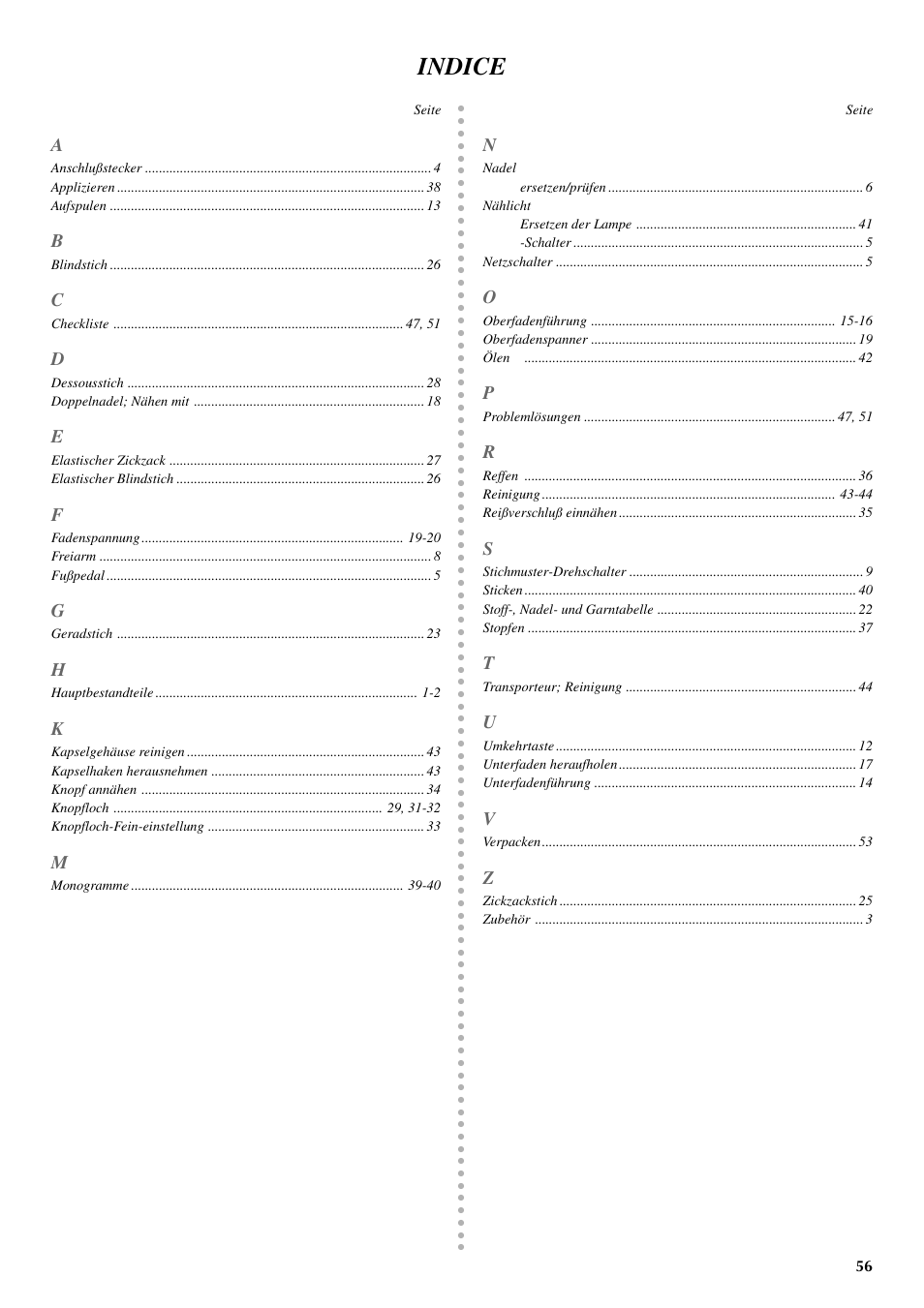 Indice | Brother VX 1400 User Manual | Page 63 / 65