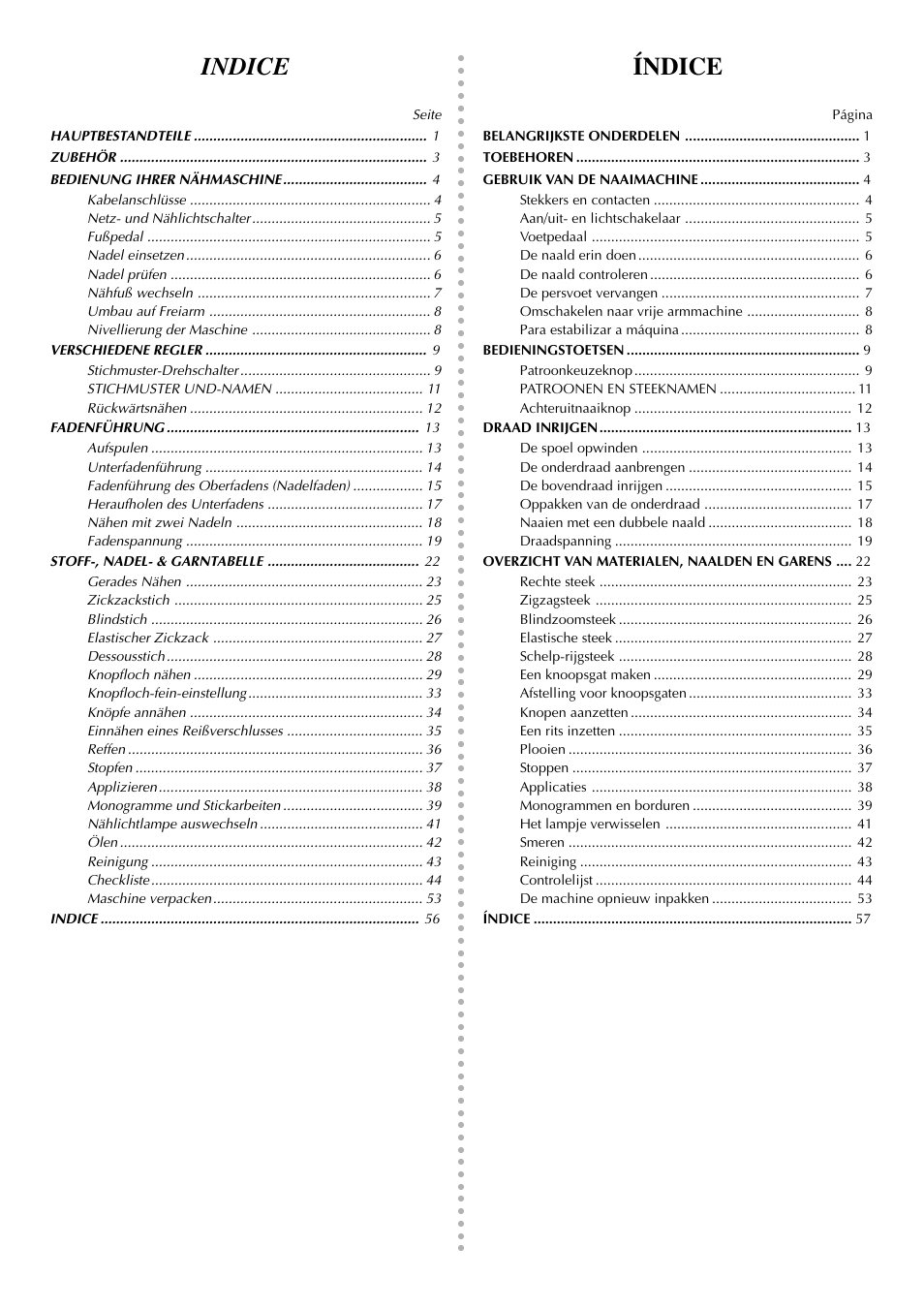 Indice, Índice | Brother VX 1400 User Manual | Page 7 / 65