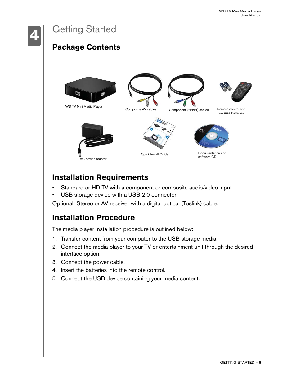 Getting started, Package contents, Installation requirements | Installation procedure, Package contents installation requirements | Western Digital WD TV Mini Media Player User Manual User Manual | Page 12 / 66