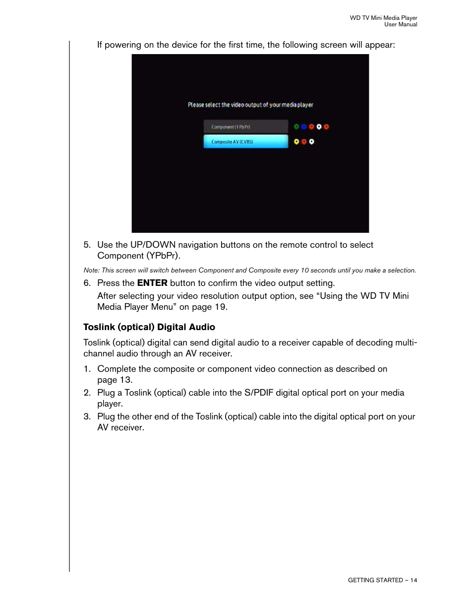Toslink (optical) digital audio | Western Digital WD TV Mini Media Player User Manual User Manual | Page 18 / 66