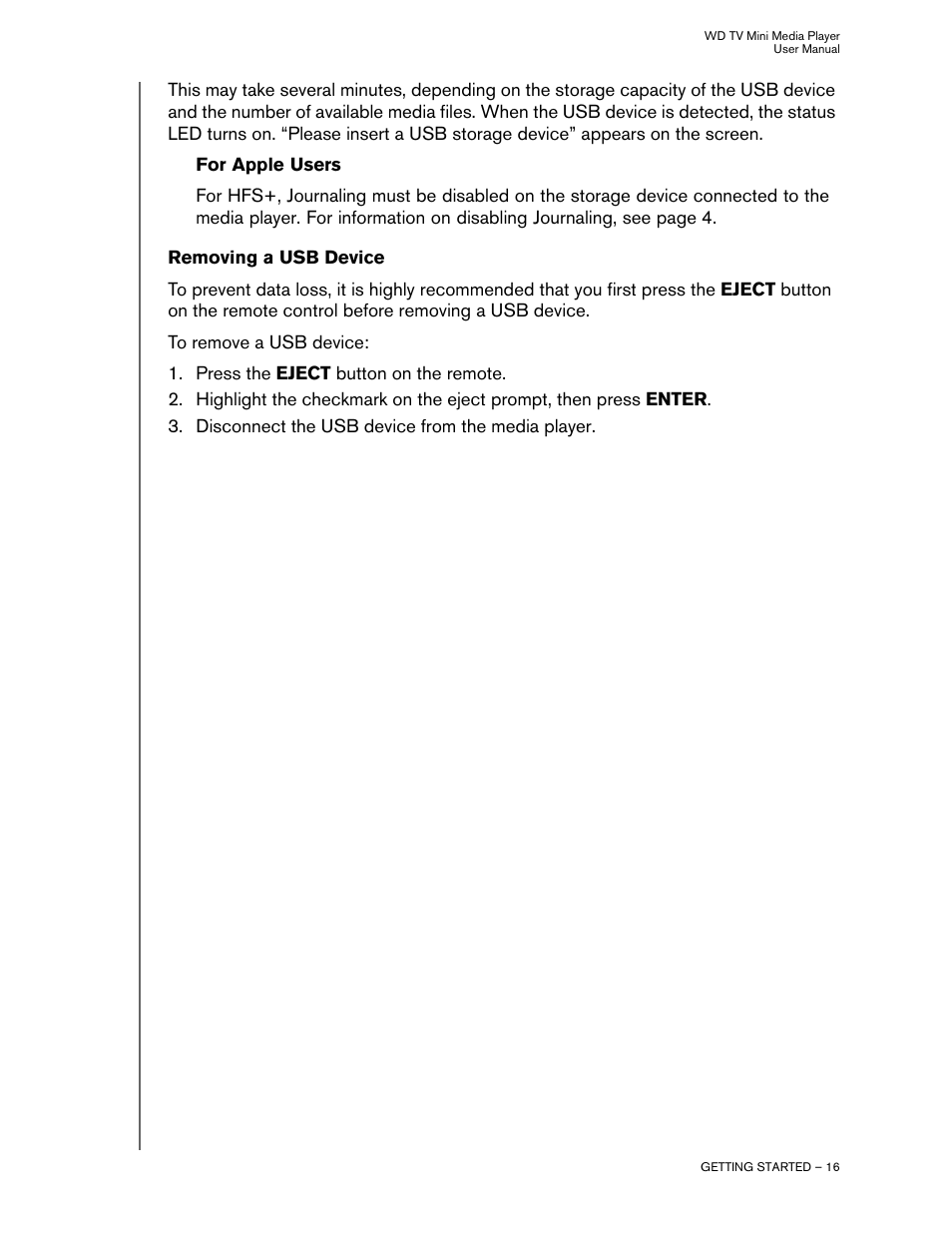 Removing a usb device | Western Digital WD TV Mini Media Player User Manual User Manual | Page 20 / 66