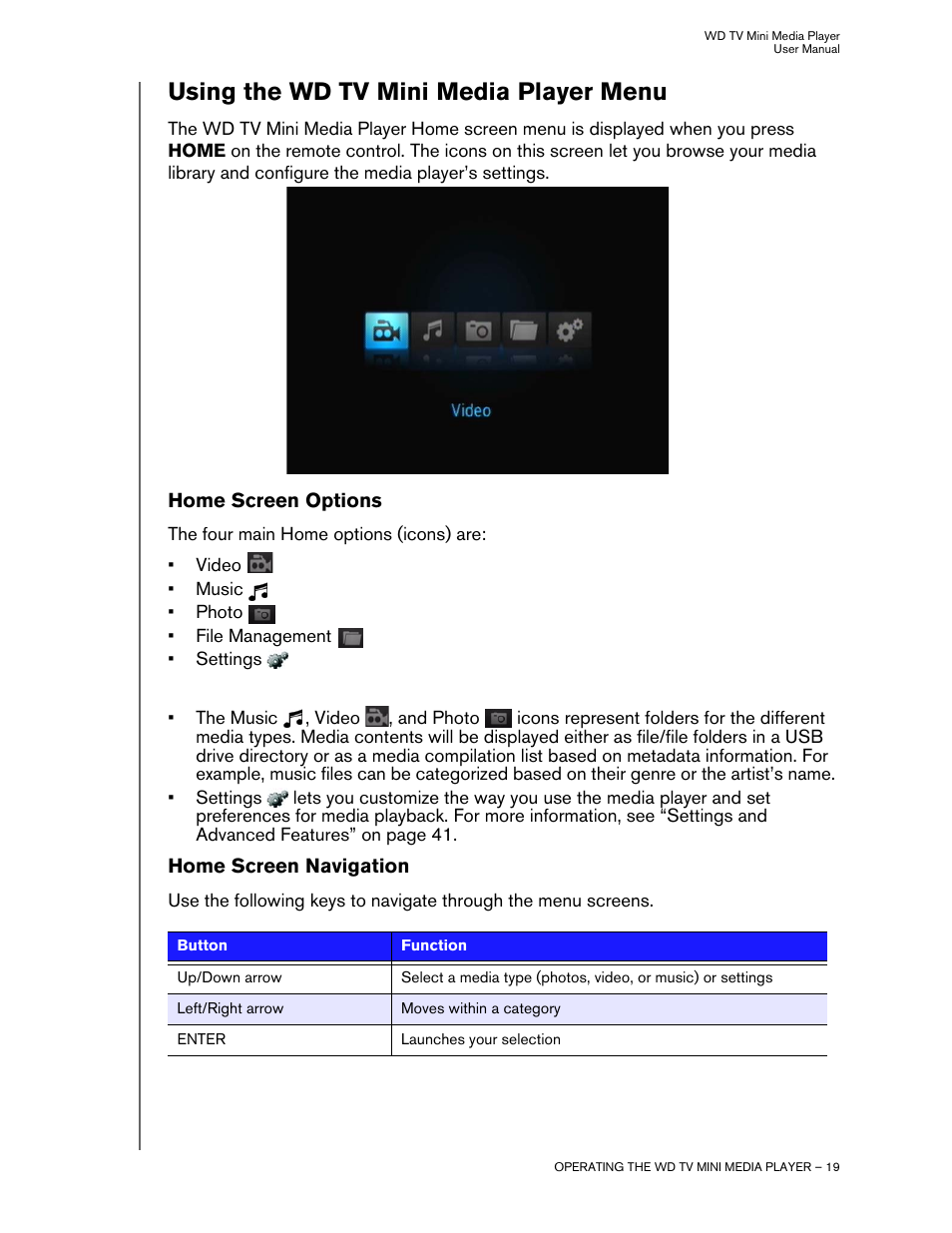 Using the wd tv mini media player menu, Home screen options, Home screen navigation | Western Digital WD TV Mini Media Player User Manual User Manual | Page 23 / 66