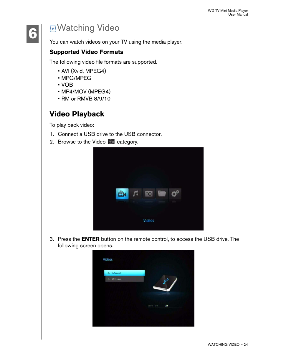 Watching video, Supported video formats, Video playback | Western Digital WD TV Mini Media Player User Manual User Manual | Page 28 / 66