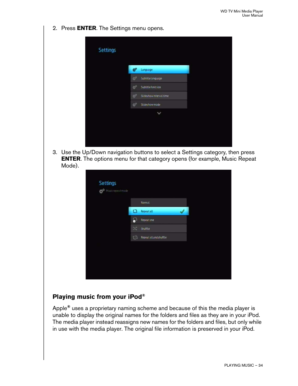 Playing music from your ipod | Western Digital WD TV Mini Media Player User Manual User Manual | Page 38 / 66