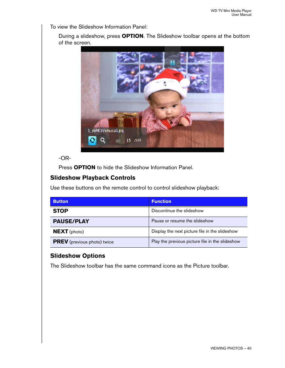 Slideshow playback controls, Slideshow options | Western Digital WD TV Mini Media Player User Manual User Manual | Page 44 / 66