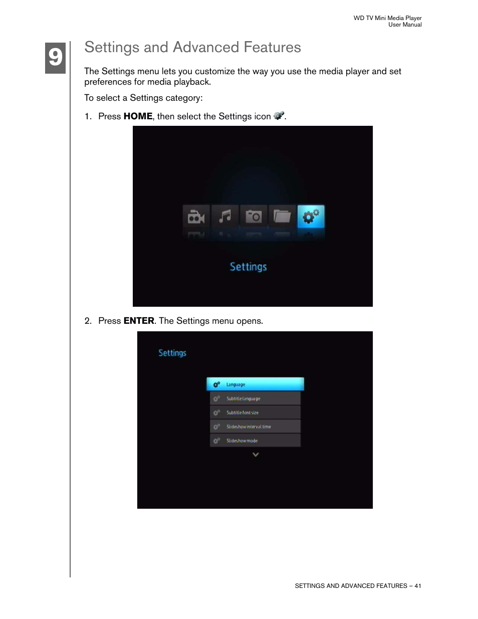 Settings and advanced features | Western Digital WD TV Mini Media Player User Manual User Manual | Page 45 / 66