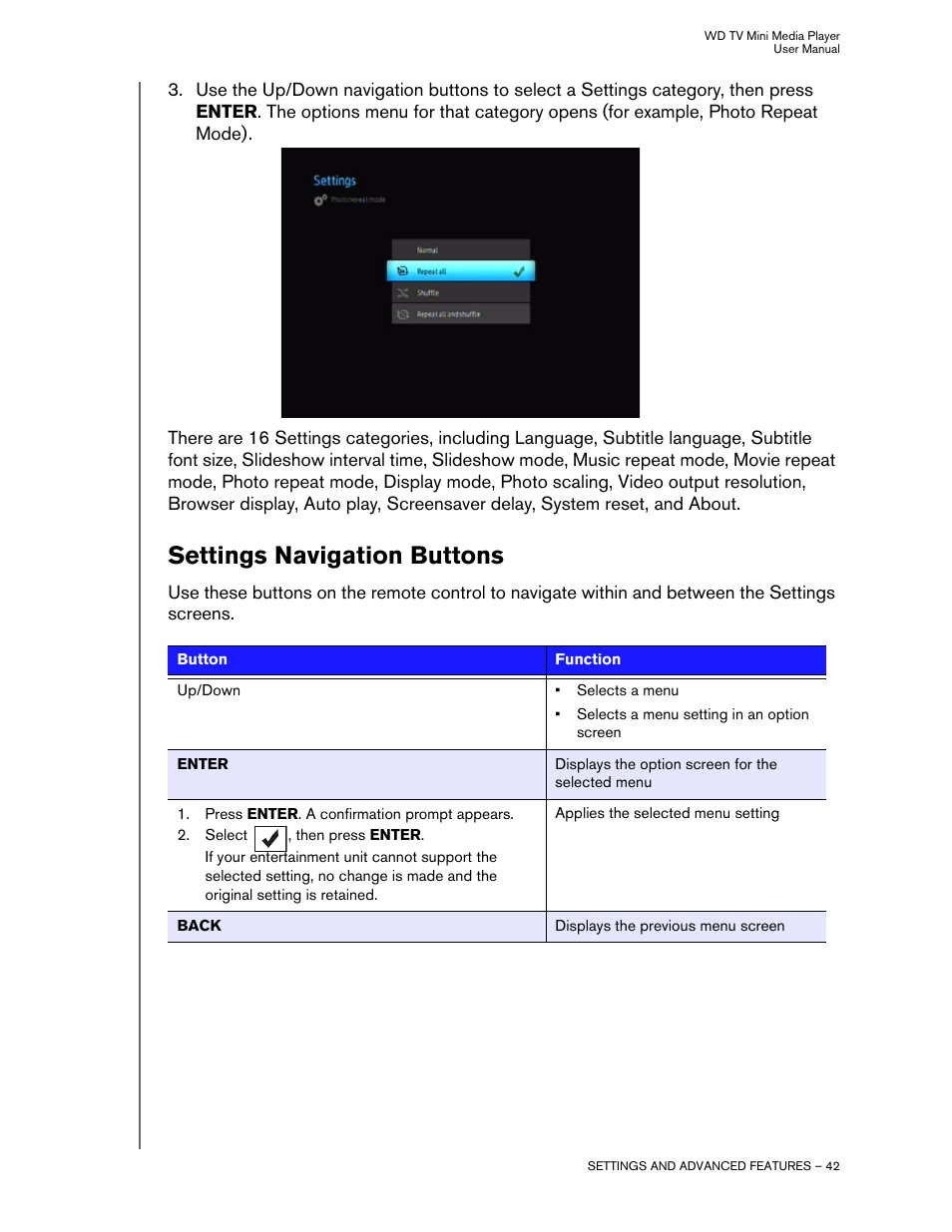 Settings navigation buttons | Western Digital WD TV Mini Media Player User Manual User Manual | Page 46 / 66