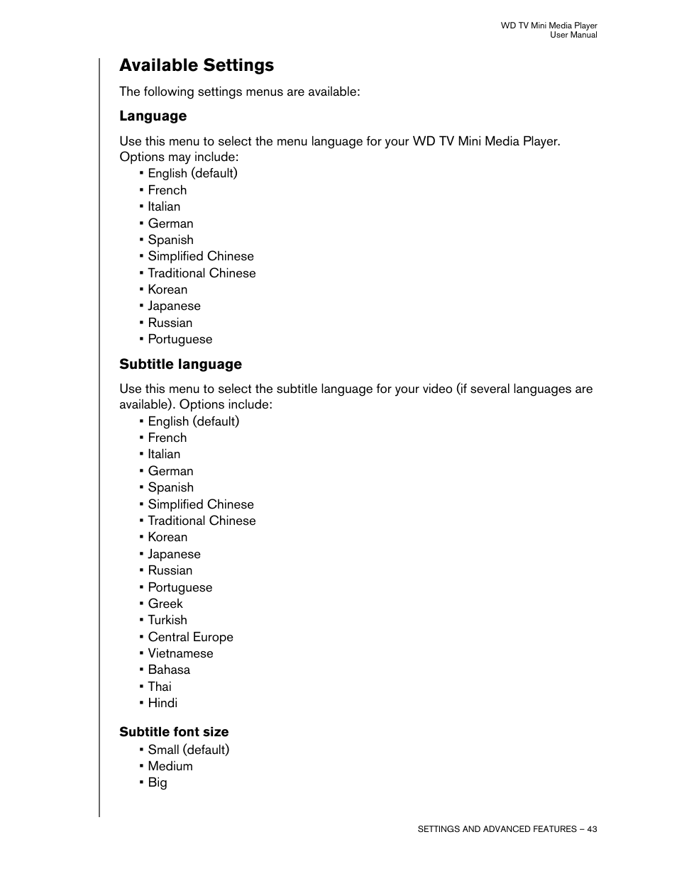 Available settings, Language, Subtitle language | Subtitle font size | Western Digital WD TV Mini Media Player User Manual User Manual | Page 47 / 66