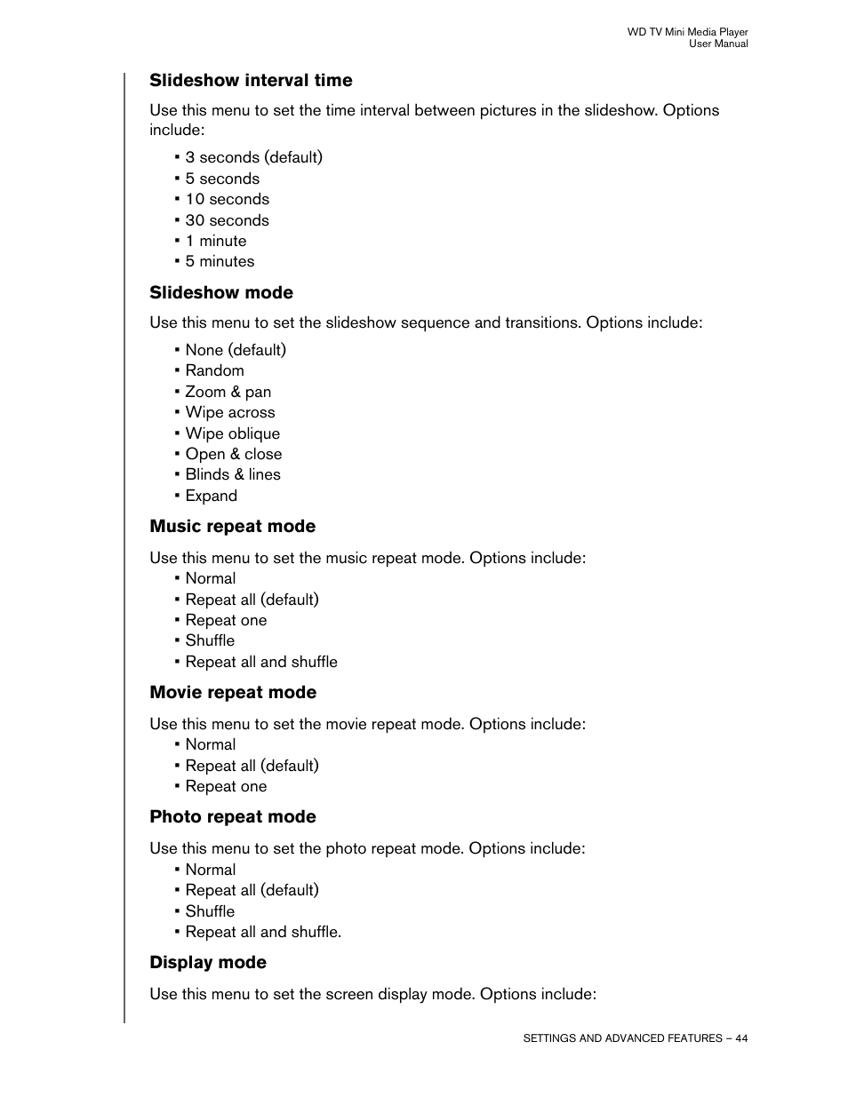 Slideshow interval time, Slideshow mode, Music repeat mode | Movie repeat mode, Photo repeat mode, Display mode | Western Digital WD TV Mini Media Player User Manual User Manual | Page 48 / 66