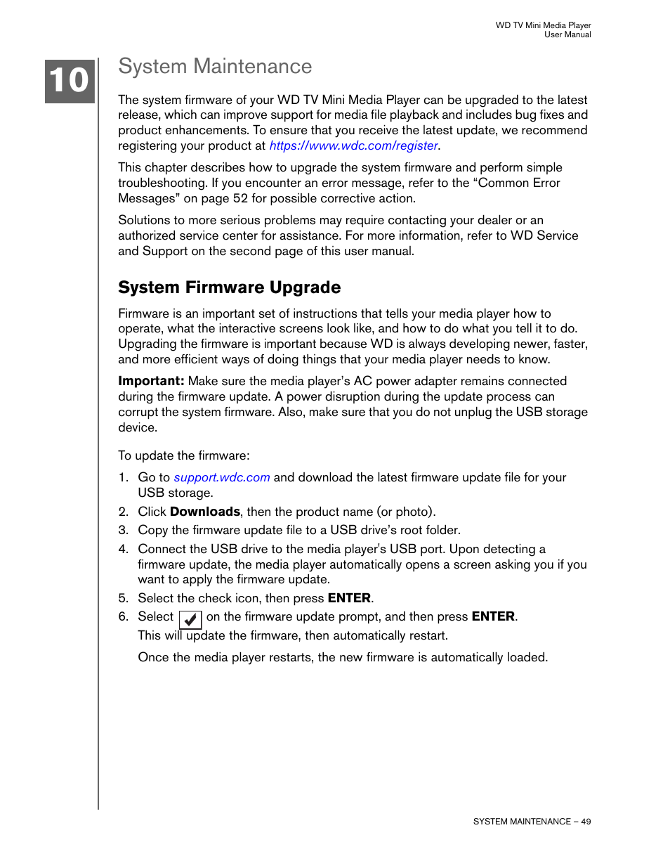 System maintenance, System firmware upgrade | Western Digital WD TV Mini Media Player User Manual User Manual | Page 53 / 66