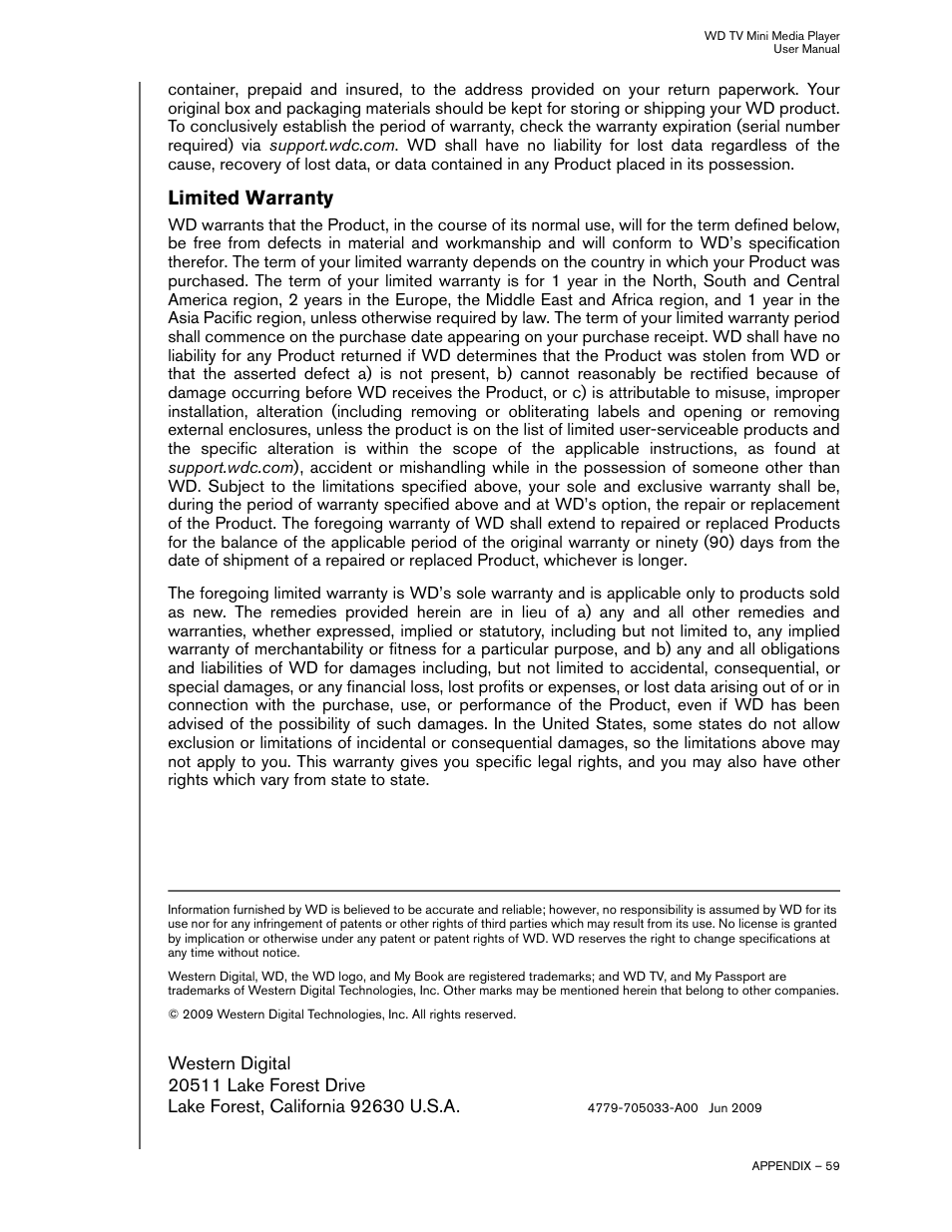 Limited warranty | Western Digital WD TV Mini Media Player User Manual User Manual | Page 63 / 66
