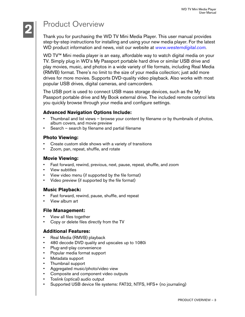 Product overview, Advanced navigation options include, Photo viewing | Movie viewing, Music playback, File management, Additional features | Western Digital WD TV Mini Media Player User Manual User Manual | Page 7 / 66