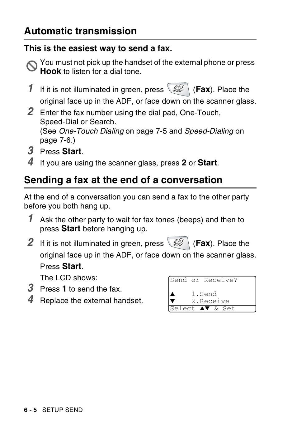 Automatic transmission, This is the easiest way to send a fax, Sending a fax at the end of a conversation | Automatic transmission -5, This is the easiest way to send a fax -5, Sending a fax at the end of a conversation -5 | Brother MFC-8440  B User Manual | Page 100 / 231