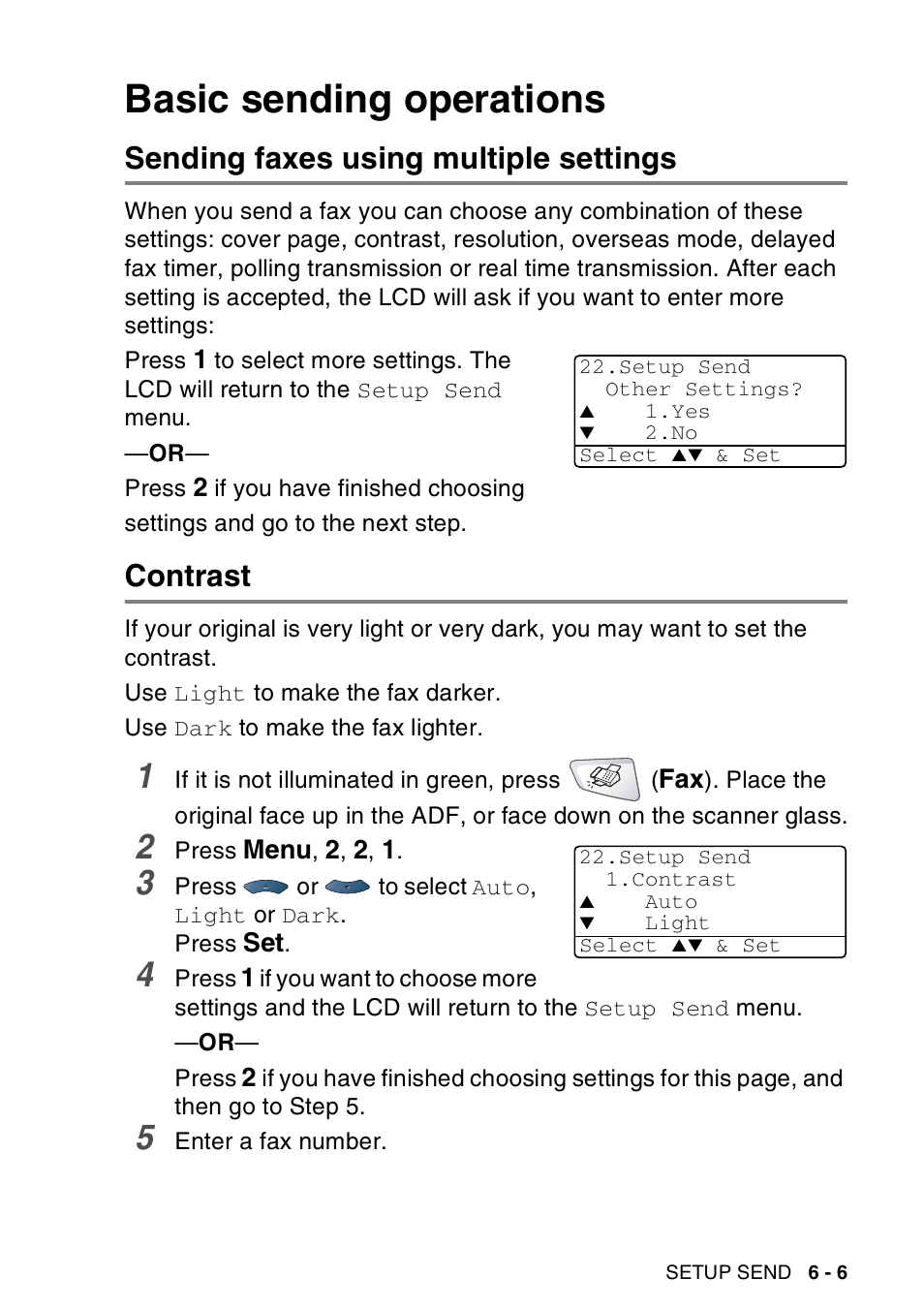 Basic sending operations, Sending faxes using multiple settings, Contrast | Basic sending operations -6 | Brother MFC-8440  B User Manual | Page 101 / 231