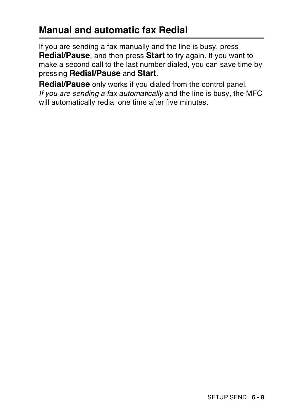 Manual and automatic fax redial, Manual and automatic fax redial -8 | Brother MFC-8440  B User Manual | Page 103 / 231