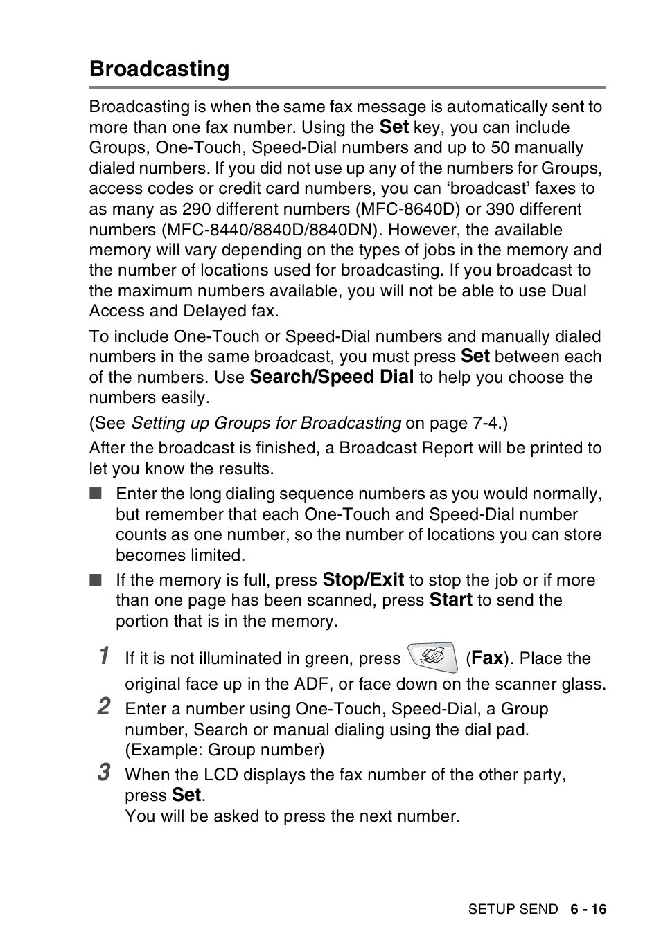 Broadcasting, Broadcasting -16 | Brother MFC-8440  B User Manual | Page 111 / 231