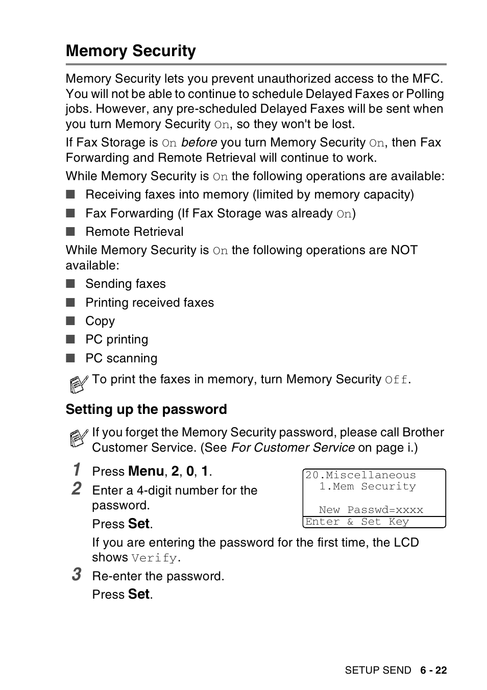 Memory security, Setting up the password, Memory security -22 | Setting up the password -22 | Brother MFC-8440  B User Manual | Page 117 / 231