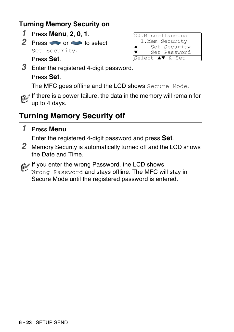 Turning memory security on, Turning memory security off, Turning memory security on -23 | Turning memory security off -23 | Brother MFC-8440  B User Manual | Page 118 / 231