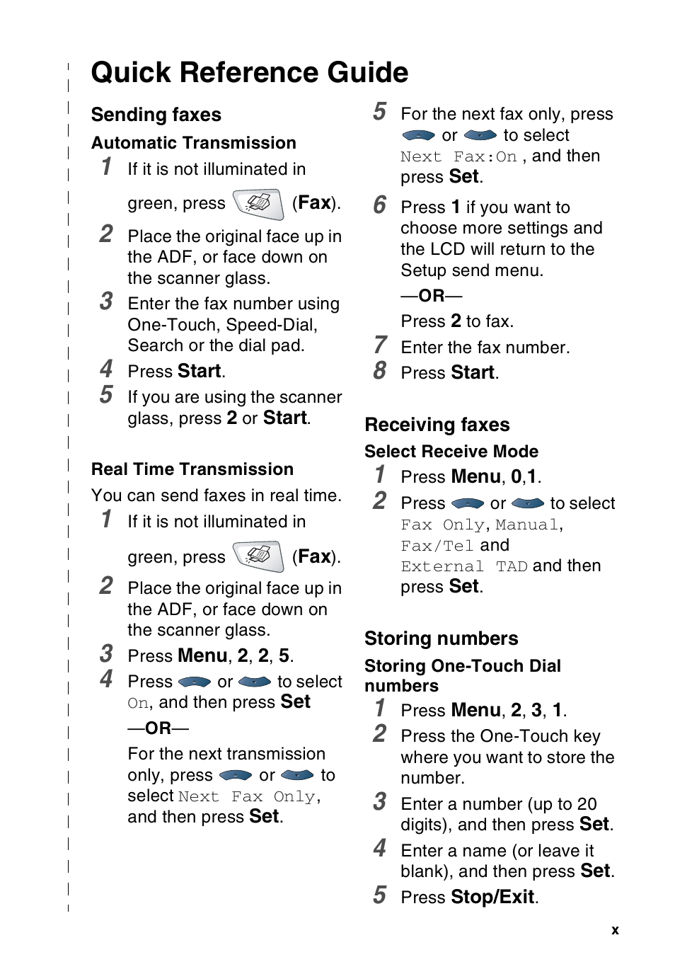 Quick reference guide, Sending faxes, Receiving faxes | Storing numbers | Brother MFC-8440  B User Manual | Page 12 / 231