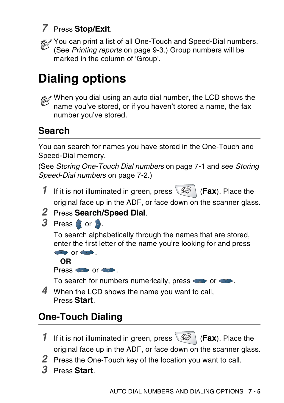 Dialing options, Search, One-touch dialing | Dialing options -5, Search -5 one-touch dialing -5 | Brother MFC-8440  B User Manual | Page 123 / 231