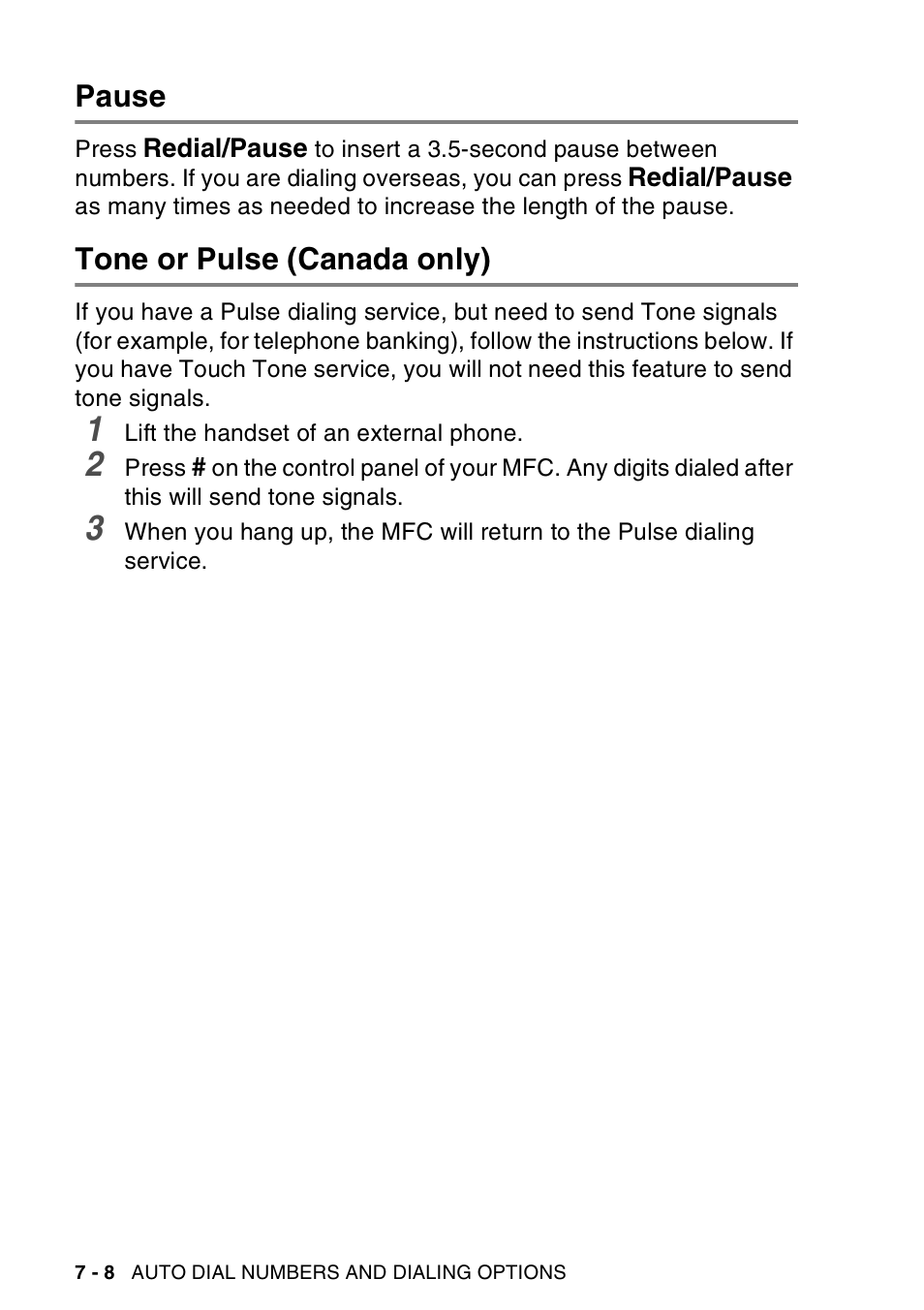 Pause, Tone or pulse (canada only), Pause -8 tone or pulse (canada only) -8 | Brother MFC-8440  B User Manual | Page 126 / 231