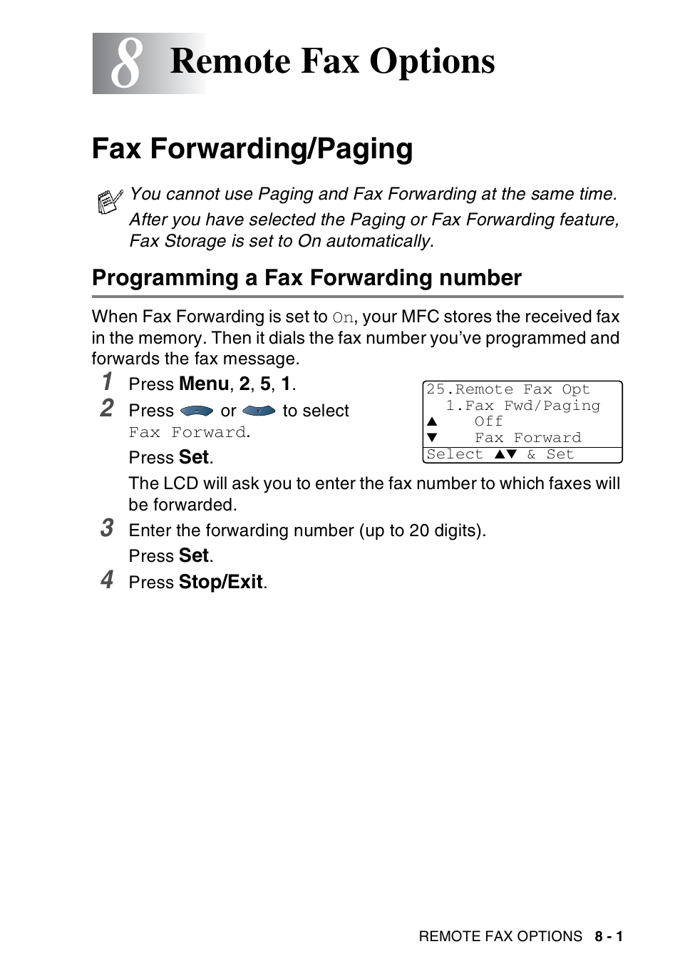 8 remote fax options, Fax forwarding/paging, Programming a fax forwarding number | Remote fax options -1, Fax forwarding/paging -1, Programming a fax forwarding number -1, Remote fax options | Brother MFC-8440  B User Manual | Page 127 / 231