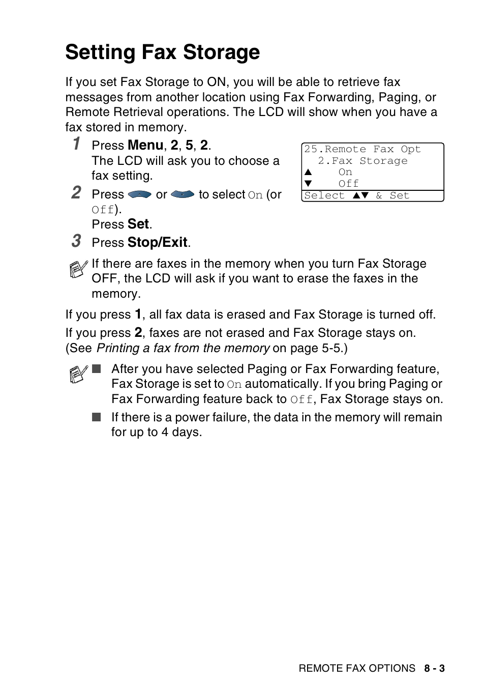 Setting fax storage, Setting fax storage -3 | Brother MFC-8440  B User Manual | Page 129 / 231