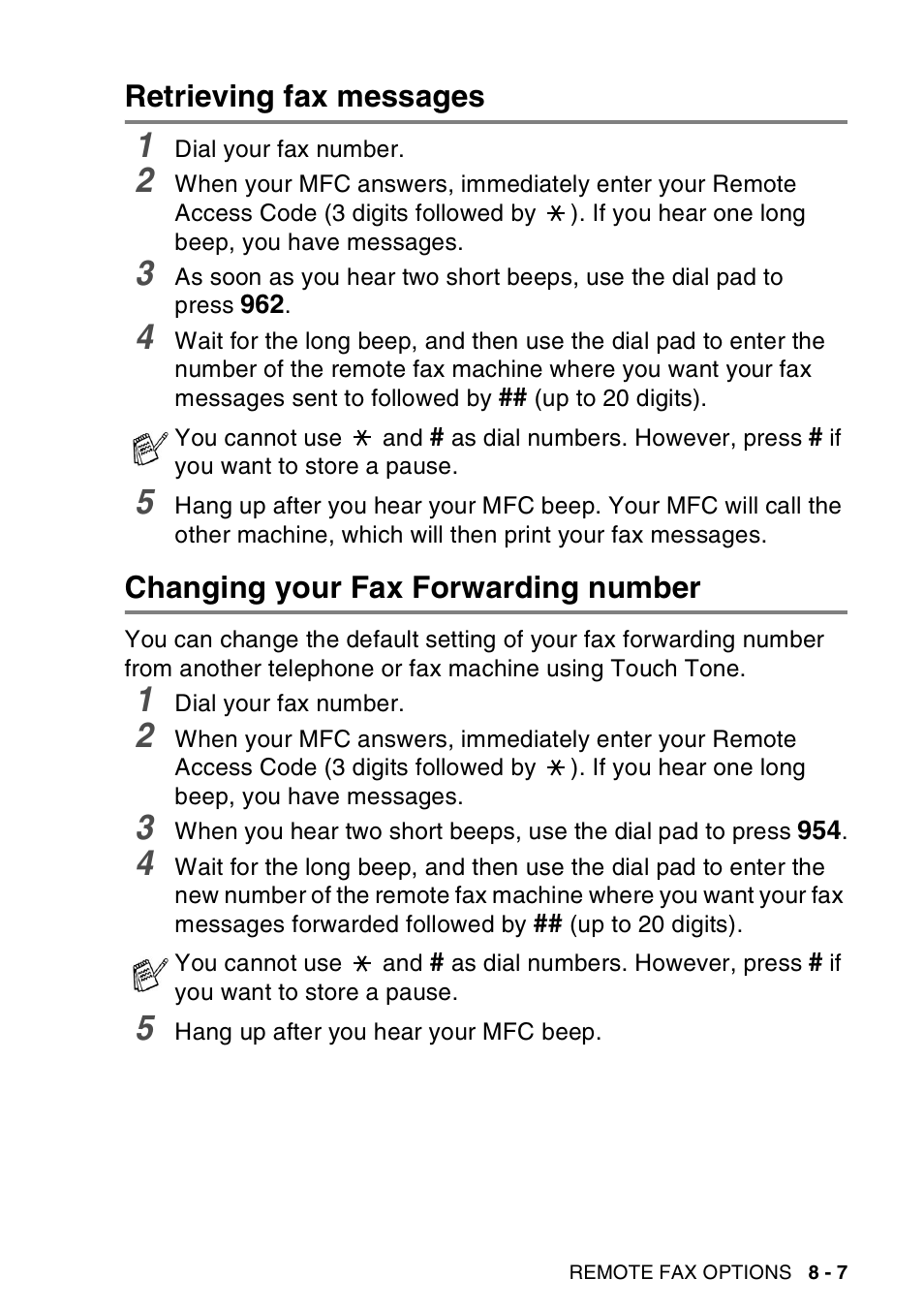 Retrieving fax messages, Changing your fax forwarding number | Brother MFC-8440  B User Manual | Page 133 / 231