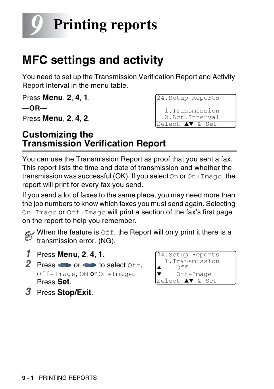 9 printing reports, Mfc settings and activity, Customizing the transmission verification report | Printing reports -1, Mfc settings and activity -1, Printing reports | Brother MFC-8440  B User Manual | Page 134 / 231