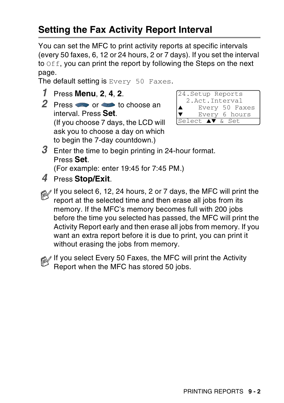 Setting the fax activity report interval, Setting the fax activity report interval -2 | Brother MFC-8440  B User Manual | Page 135 / 231