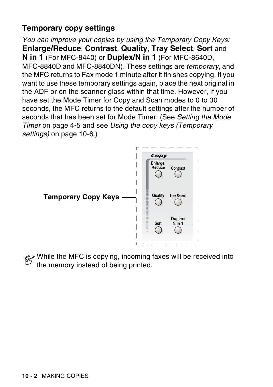 Temporary copy settings, Temporary copy settings -2 | Brother MFC-8440  B User Manual | Page 138 / 231