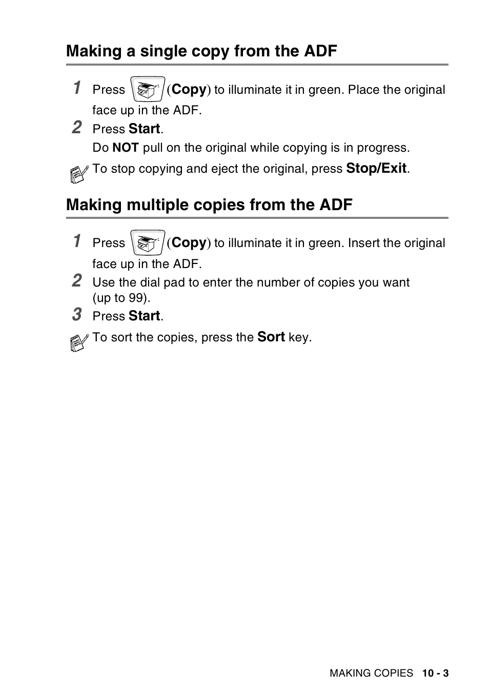 Making a single copy from the adf, Making multiple copies from the adf | Brother MFC-8440  B User Manual | Page 139 / 231