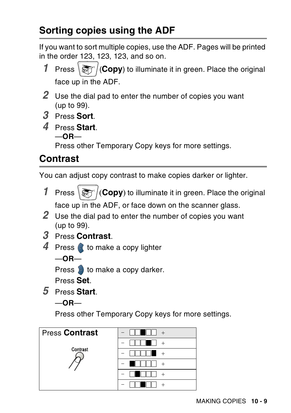 Sorting copies using the adf, Contrast, Sorting copies using the adf -9 contrast -9 | Brother MFC-8440  B User Manual | Page 145 / 231