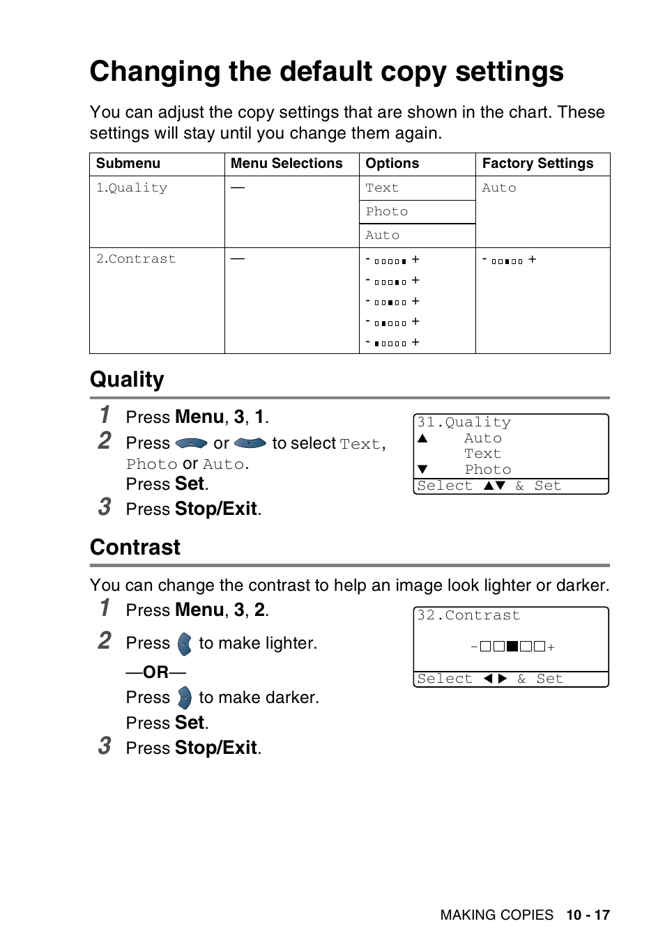 Changing the default copy settings, Quality, Contrast | Changing the default copy settings -17, Quality -17 contrast -17 | Brother MFC-8440  B User Manual | Page 153 / 231