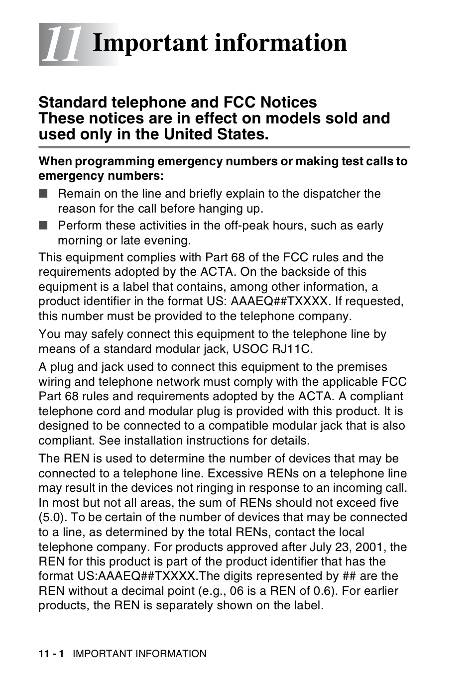 11 important information, Important information -1, Standard telephone and fcc notices | Important information | Brother MFC-8440  B User Manual | Page 154 / 231