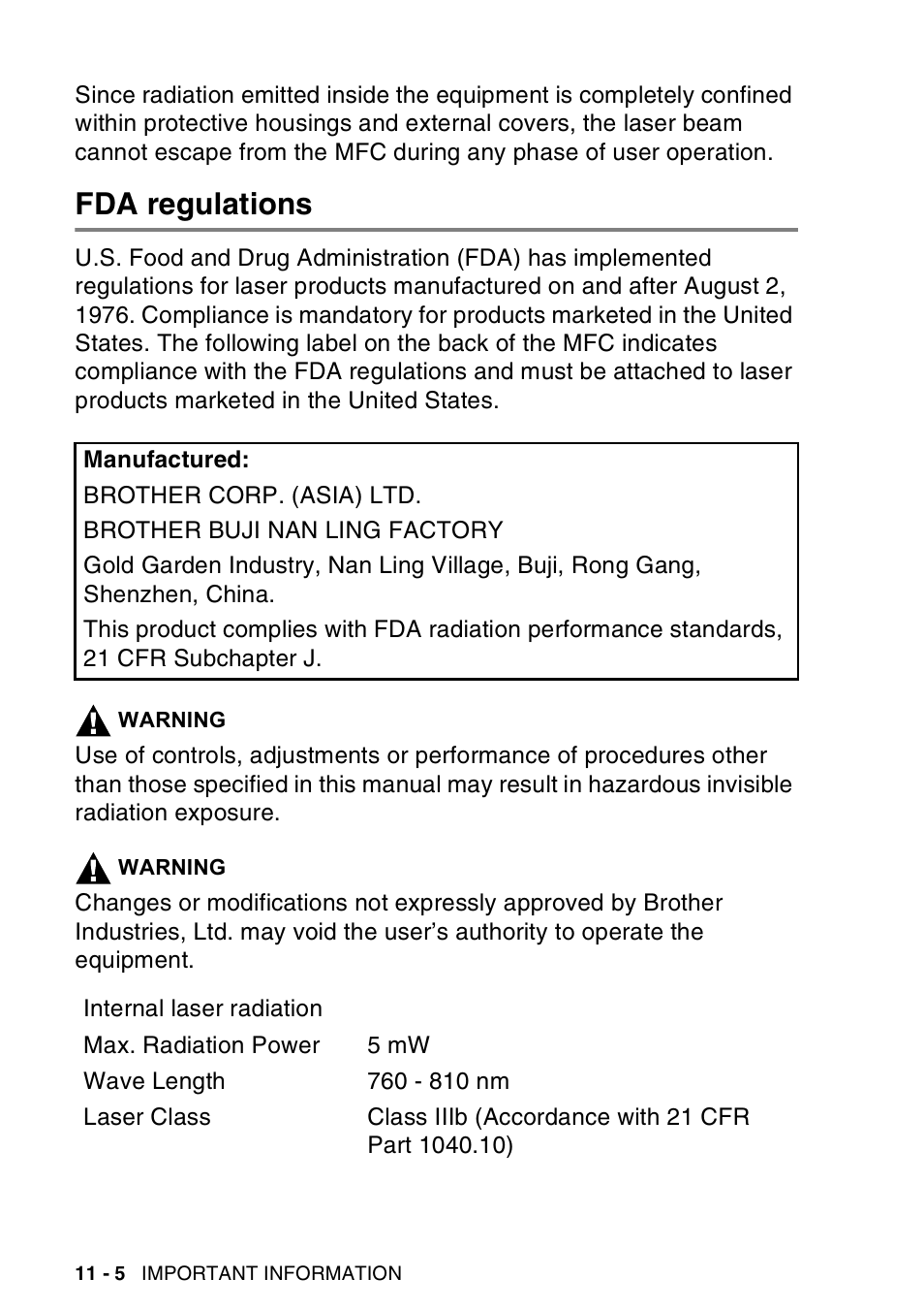 Fda regulations, Fda regulations -5 | Brother MFC-8440  B User Manual | Page 158 / 231