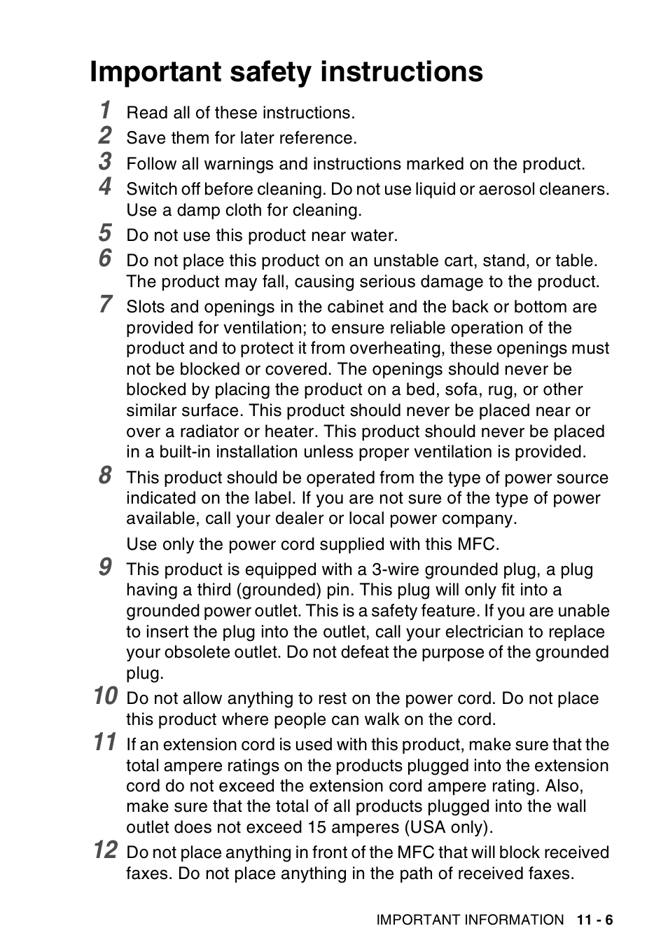 Important safety instructions, Important safety instructions -6 | Brother MFC-8440  B User Manual | Page 159 / 231