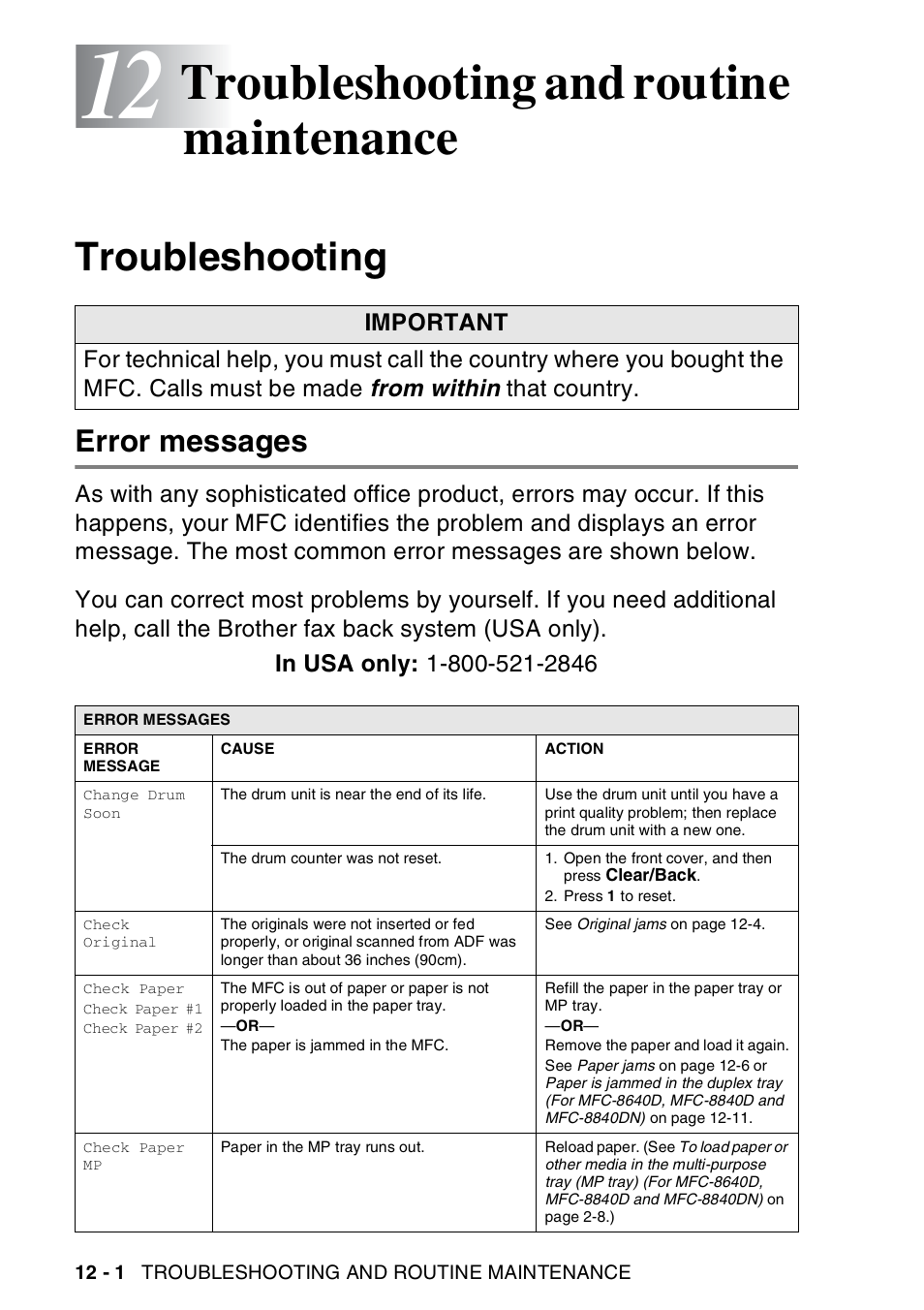 12 troubleshooting and routine maintenance, Troubleshooting, Error messages | Troubleshooting and routine maintenance -1, Troubleshooting -1, Error messages -1, Troubleshooting and routine maintenance | Brother MFC-8440  B User Manual | Page 162 / 231