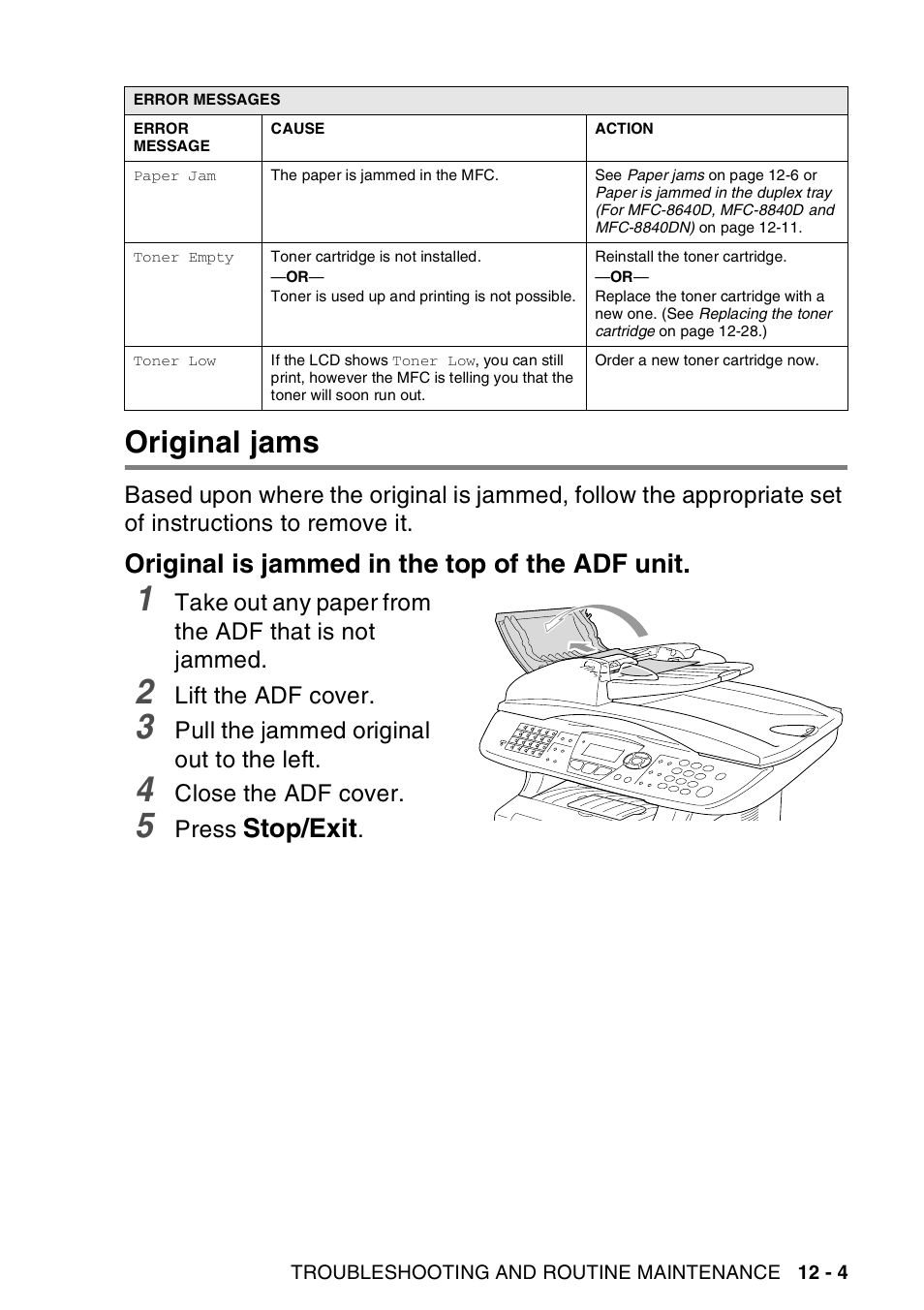 Original jams, Original is jammed in the top of the adf unit, Original jams -4 | Original is jammed in the top of the adf unit -4, Stop/exit | Brother MFC-8440  B User Manual | Page 165 / 231