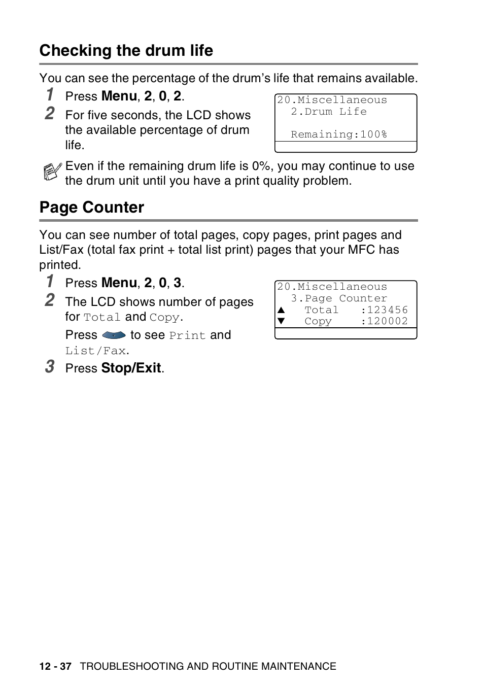 Checking the drum life, Page counter | Brother MFC-8440  B User Manual | Page 198 / 231