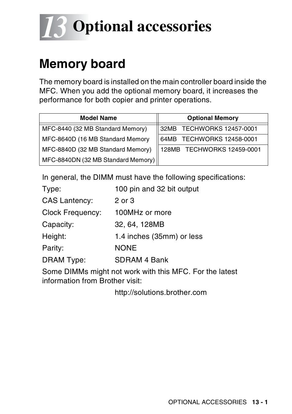 13 optional accessories, Memory board, Optional accessories -1 | Memory board -1, Optional accessories | Brother MFC-8440  B User Manual | Page 199 / 231