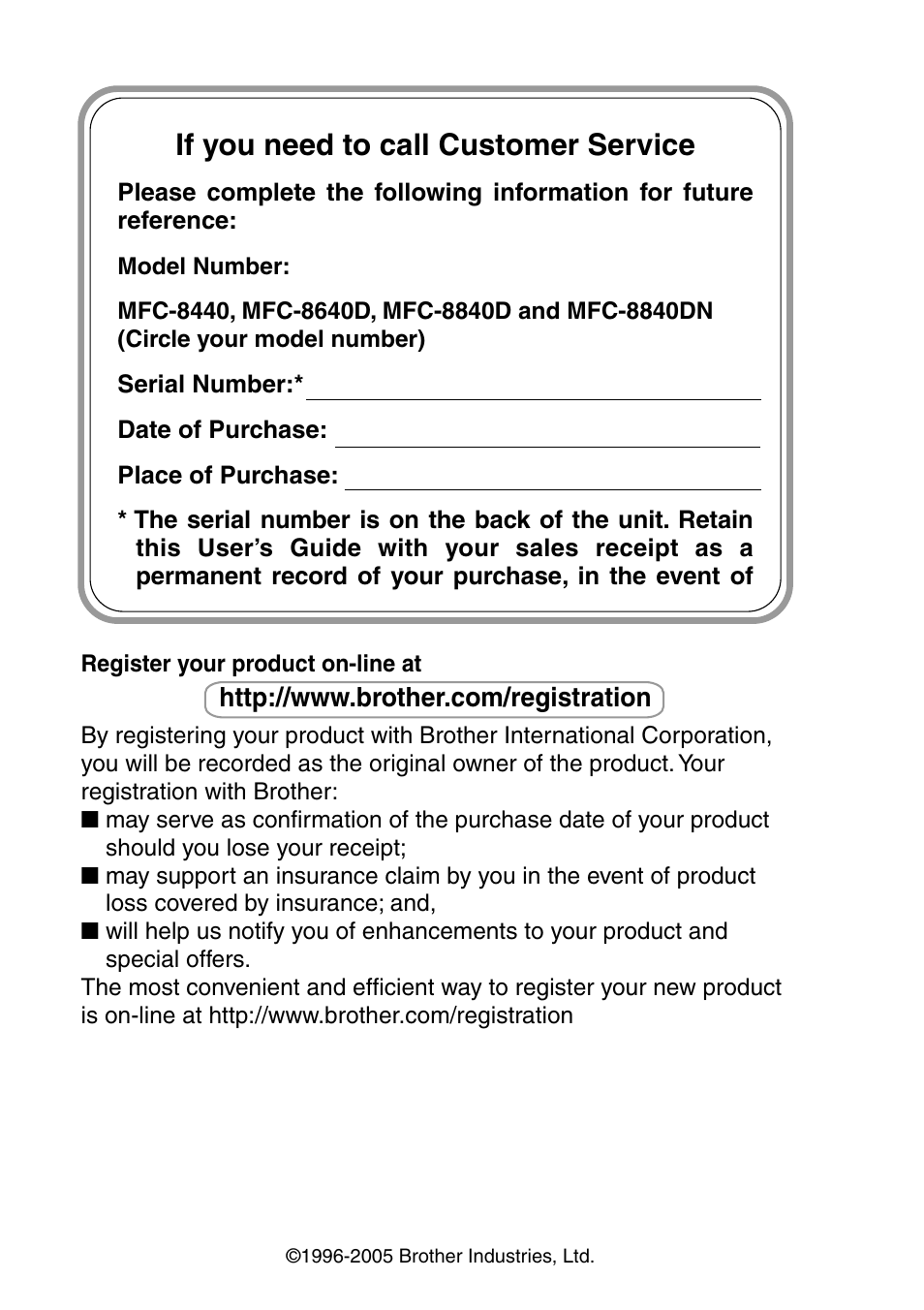 If you need to call customer service | Brother MFC-8440  B User Manual | Page 2 / 231