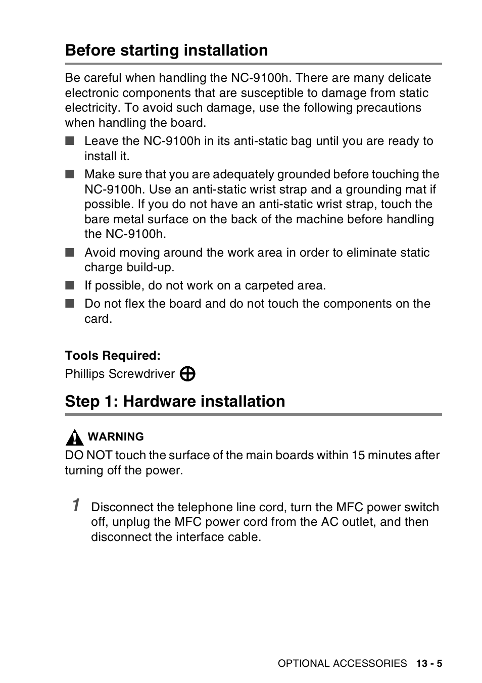 Before starting installation, Step 1: hardware installation | Brother MFC-8440  B User Manual | Page 203 / 231