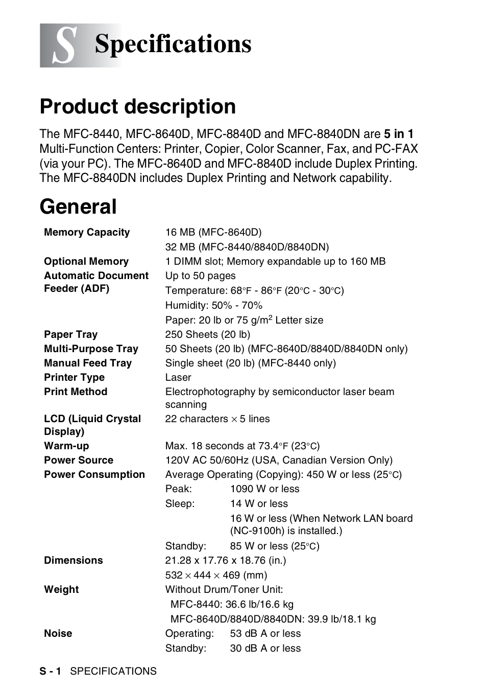 Specifications, Product description, General | Brother MFC-8440  B User Manual | Page 214 / 231