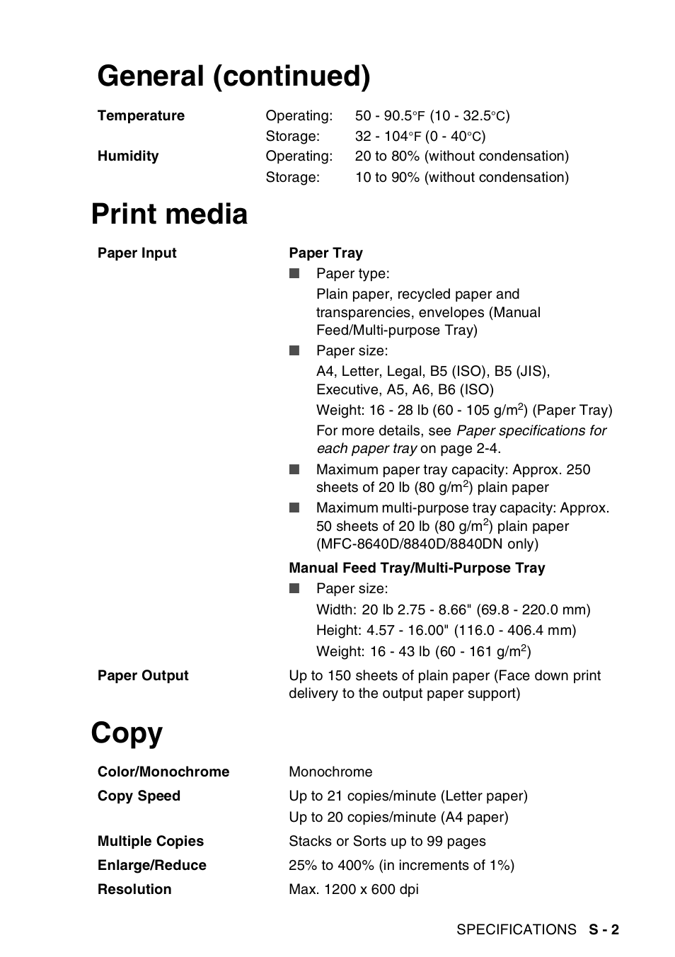 Print media, Copy, Print media copy general (continued) | Brother MFC-8440  B User Manual | Page 215 / 231