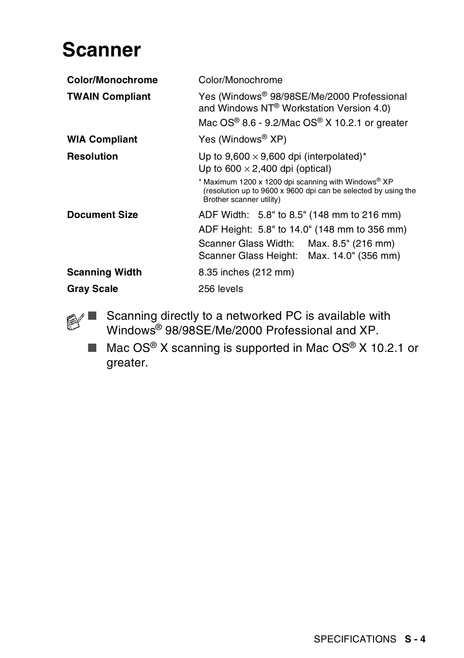 Scanner, X scanning is supported in mac os, X 10.2.1 or greater | Brother MFC-8440  B User Manual | Page 217 / 231