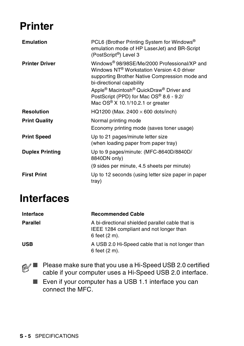 Printer, Interfaces, Printer interfaces | Brother MFC-8440  B User Manual | Page 218 / 231