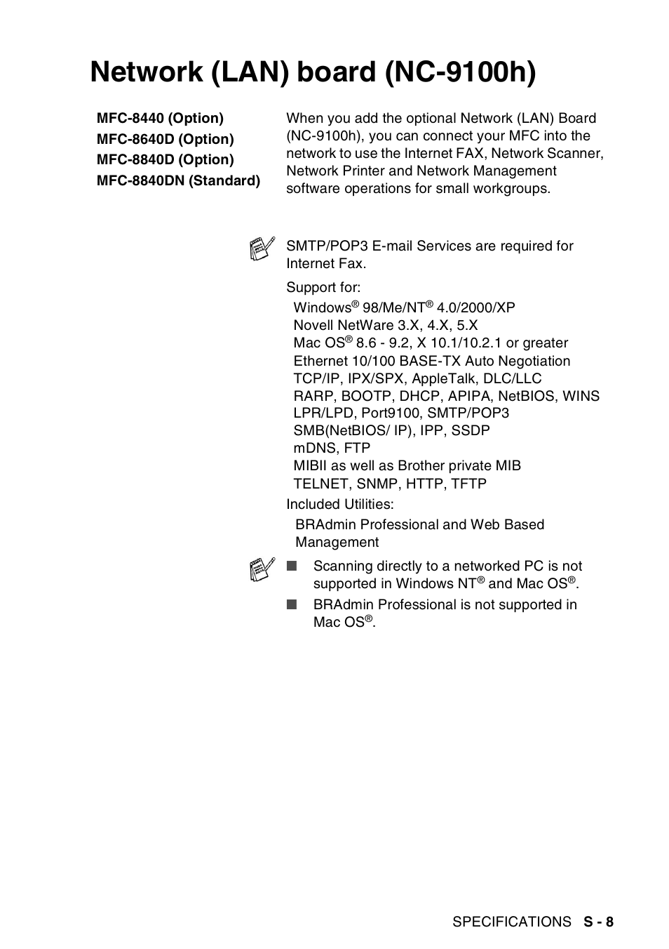 Network (lan) board (nc-9100h) | Brother MFC-8440  B User Manual | Page 221 / 231