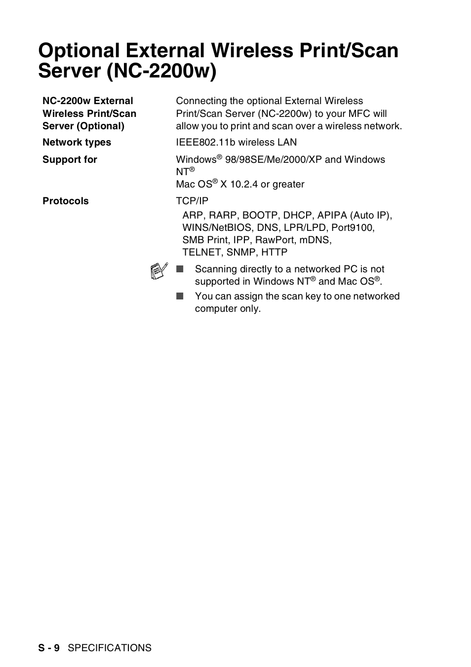 Optional external wireless print/scan server | Brother MFC-8440  B User Manual | Page 222 / 231